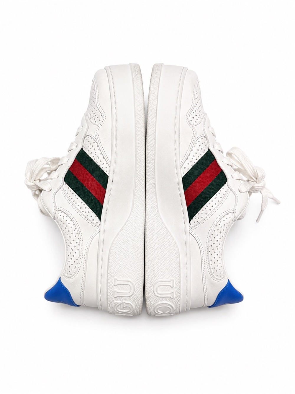 Gucci White Leather Platform Sneaker with Green and Red Web and Blue Heel - Picture 7 of 13